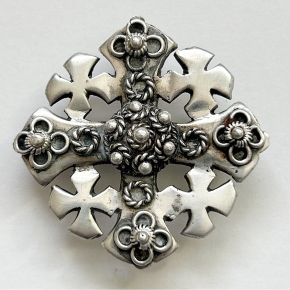 Vintage 935 Silver Maltese Crusader Jerusalem Cross Pin Brooch Pendant